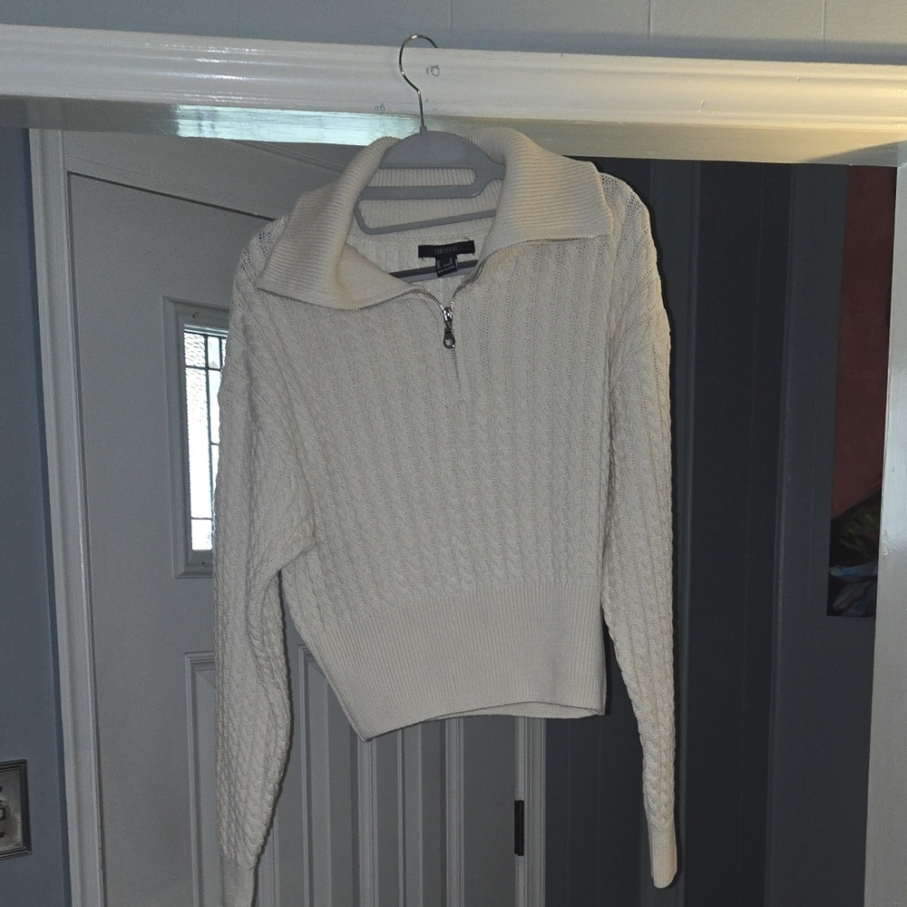 Forever 21 Cream Cable Knit Half-Zip Turtleneck Sweater